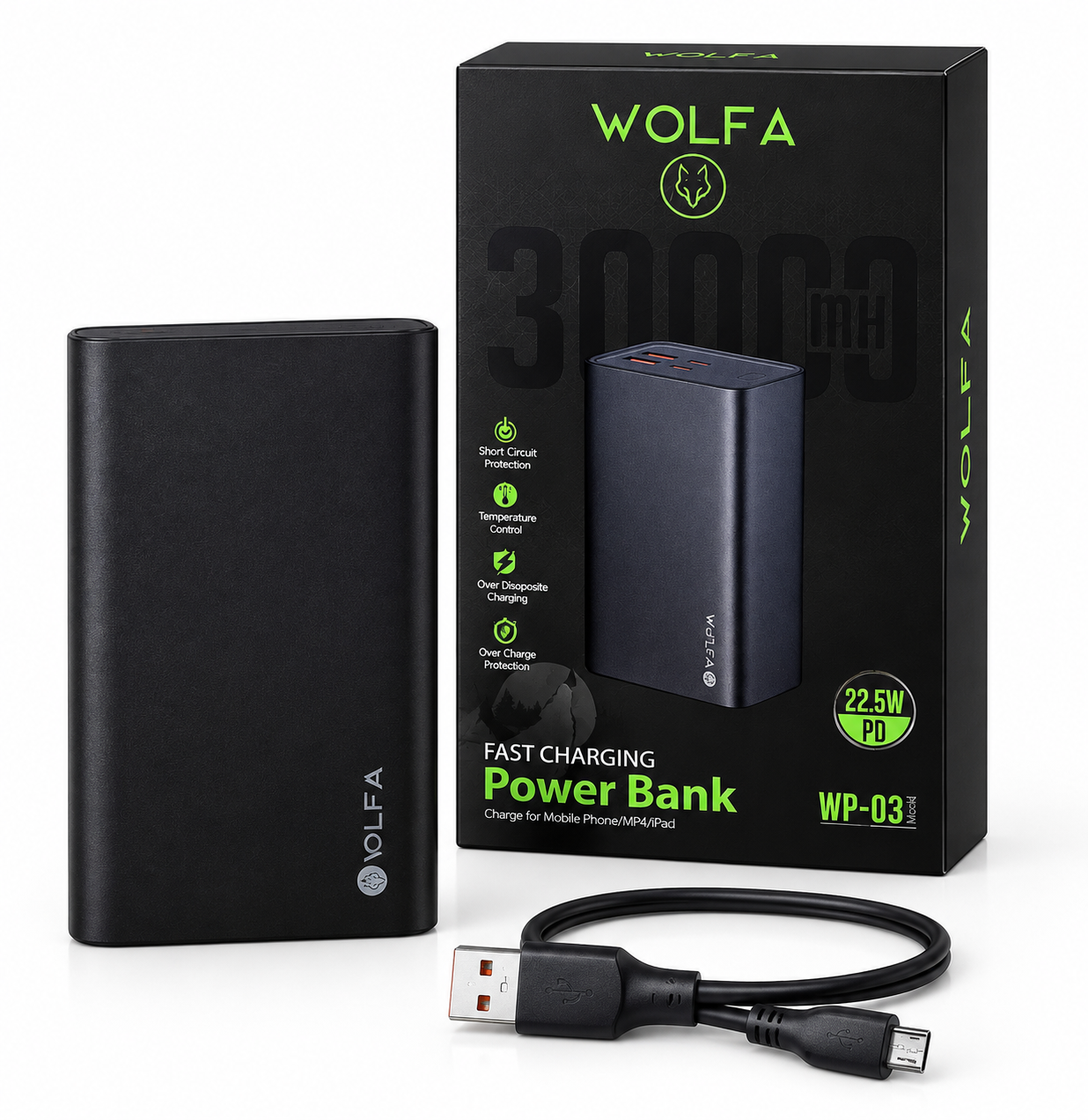 پاوربانک WOLFA مدل WP-03 ظرفیت 30000 میلی‌آمپر ساعت با شارژ سریع 22.5 وات PD